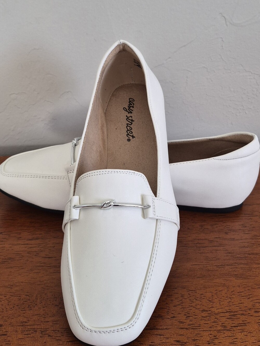 easy street White Leather Loafers with Silver Bit Accent